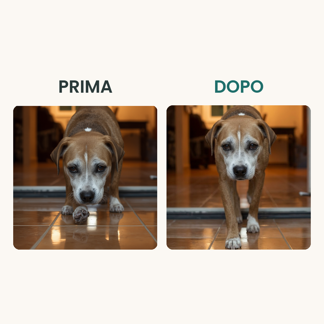 Prima e dopo: il cane cammina sicuro sul pavimento liscio